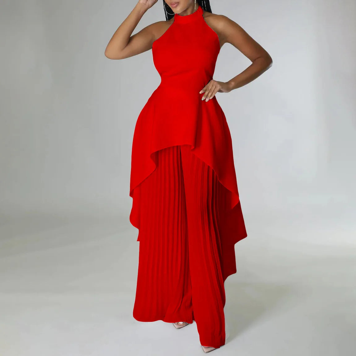 Elegant Tow Piece Women Outfit Backless Top Hundred Pleated Wide Leg Pant Trouser Suit  Milanni Fashion   