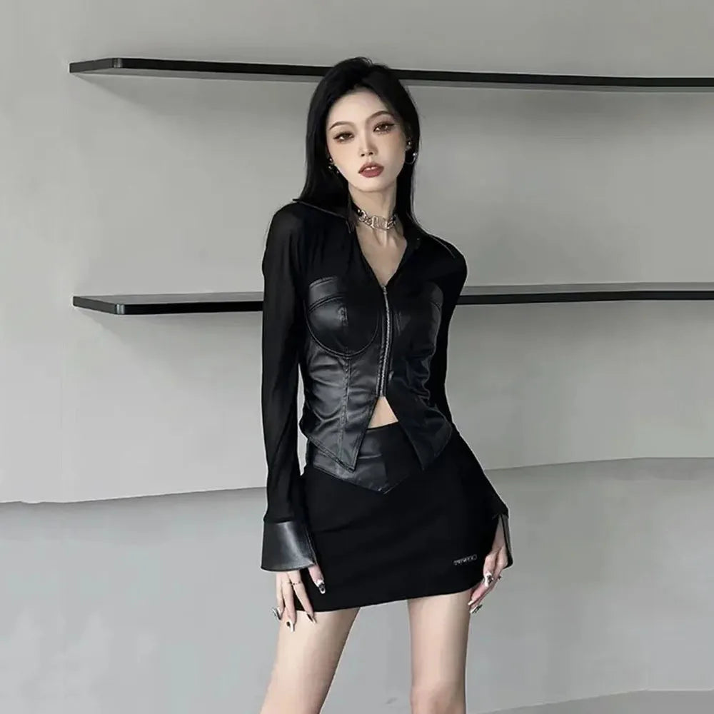 PU Leather Patchwork Crop Top & High Waist Mini Skirt Outfit Women's Slim Two Piece Set Milanni Fashion