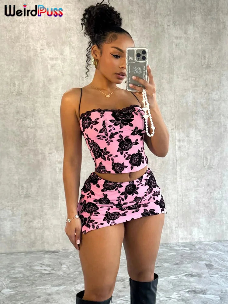 Flower Print Women 2 Piece Set Elegant Summer Trend Lace Bow Hip Skirts Matching Streetwear Outfits  Milanni Fashion   
