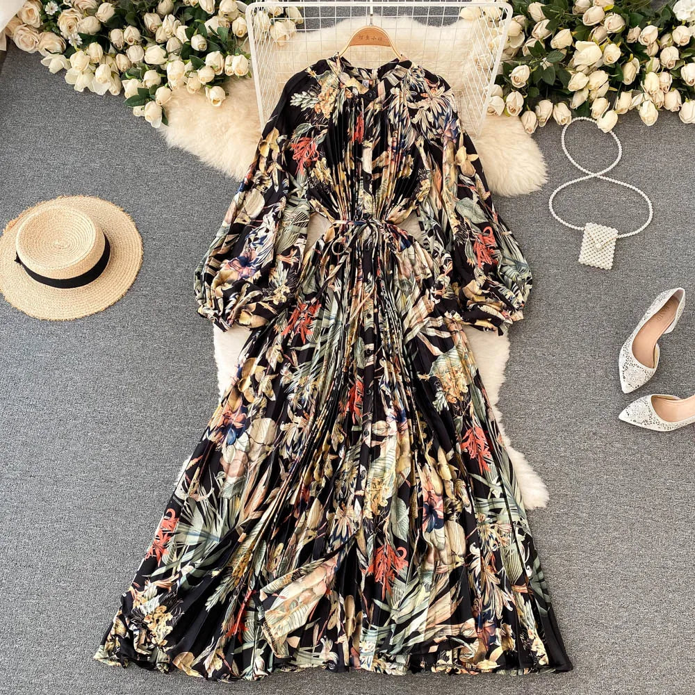 Retro Print Elegant Pleated Chiffon Long Sleeve A-line Dress V-neck High Waist Casual Summer Dress for Women Milanni Fashion