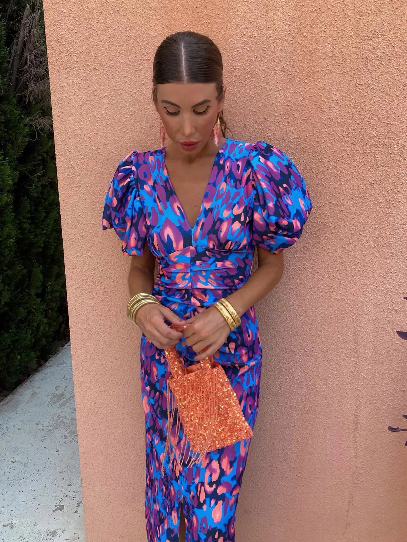 Monika | Women's Summer Printed Midi Dress with Puff Sleeves