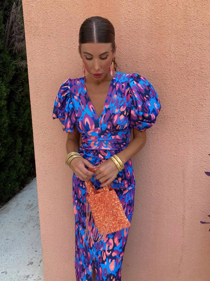 Monika | Women's Summer Printed Midi Dress with Puff Sleeves