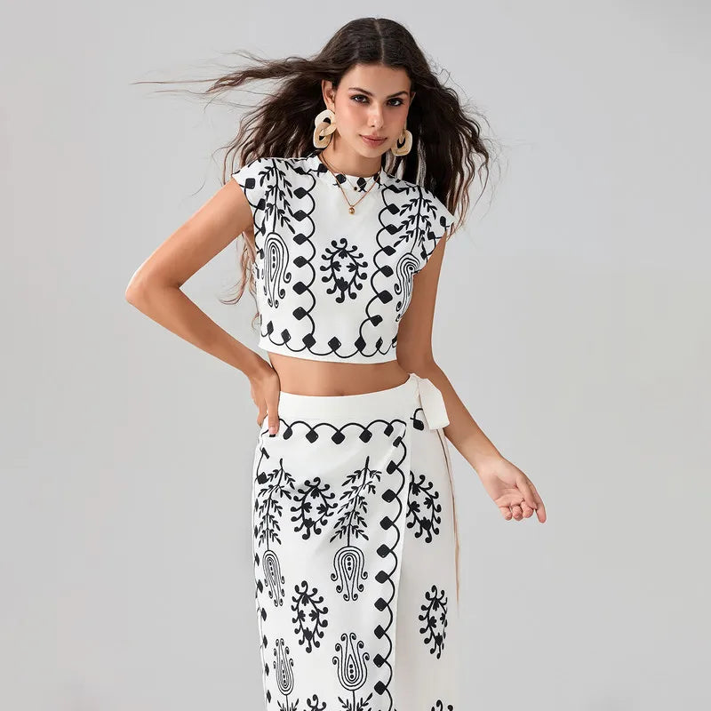 Boho Two Piece Skirt Set for Women Short Sleeve Top and Long Slim Skirt Office Wear Milanni Fashion