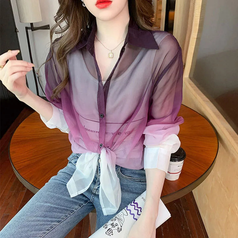 Fashion Gradient Chiffon Shirt Women's Tie-Dye Contrast Sun Protection Summer Blouse Milanni Fashion