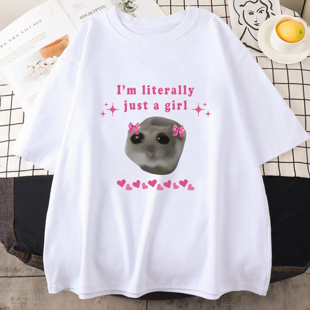 Sad Hamster T-Shirt I'm Just A Girl Letter Printing Cotton Tee for Women Casual Fun Graphic Top Milanni Fashion White XXL