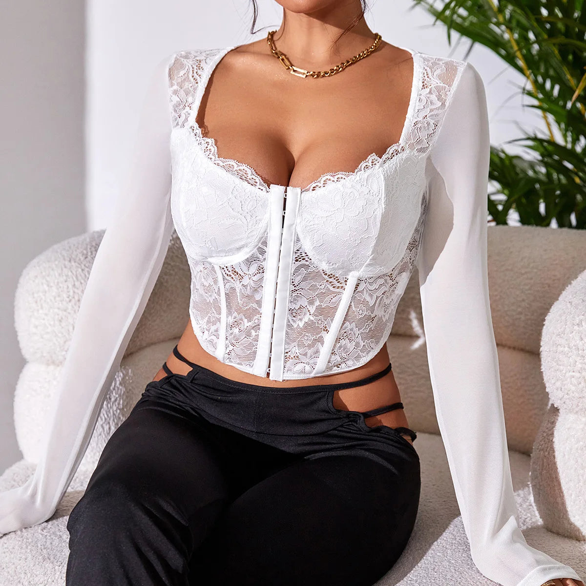 Sexy Lace Long Sleeve Women Blouse  Milanni Fashion White M 