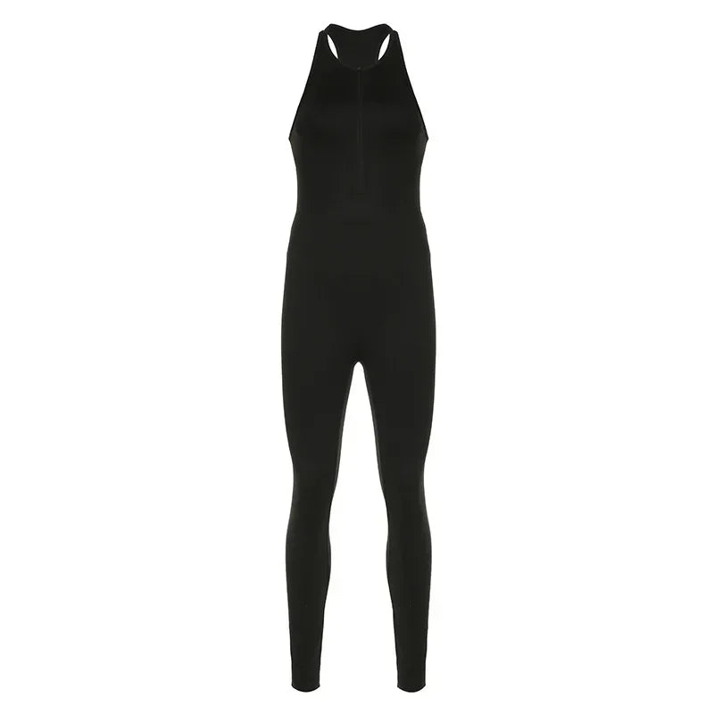 Sexy Sports Jumpsuit for Women Zip-up Sleeveless One Piece Backless Overall Hollow Out Bodysuit Milanni Fashion Black S