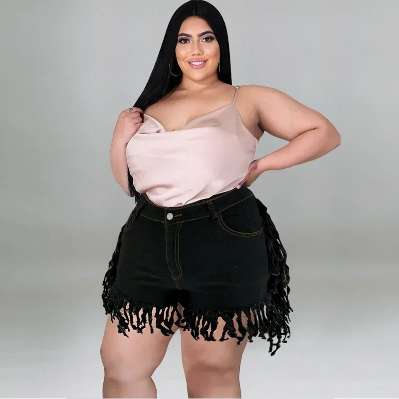 Plus Size Shorts High Waist Denim Shorts with Sexy Tassel Bandage Detail Night Club Sweatpants for Women Milanni Fashion