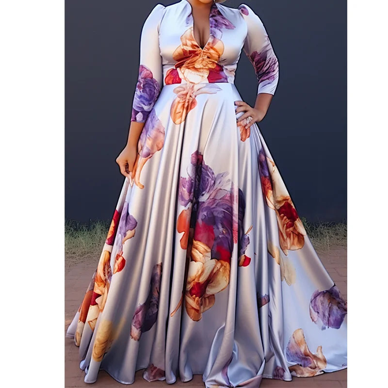 Plus Size Floral Printing Maxi Dress Elegant Multicolor V Neck 3/4 Sleeve Cotton Long Dress Maxi Dress Milanni Fashion   