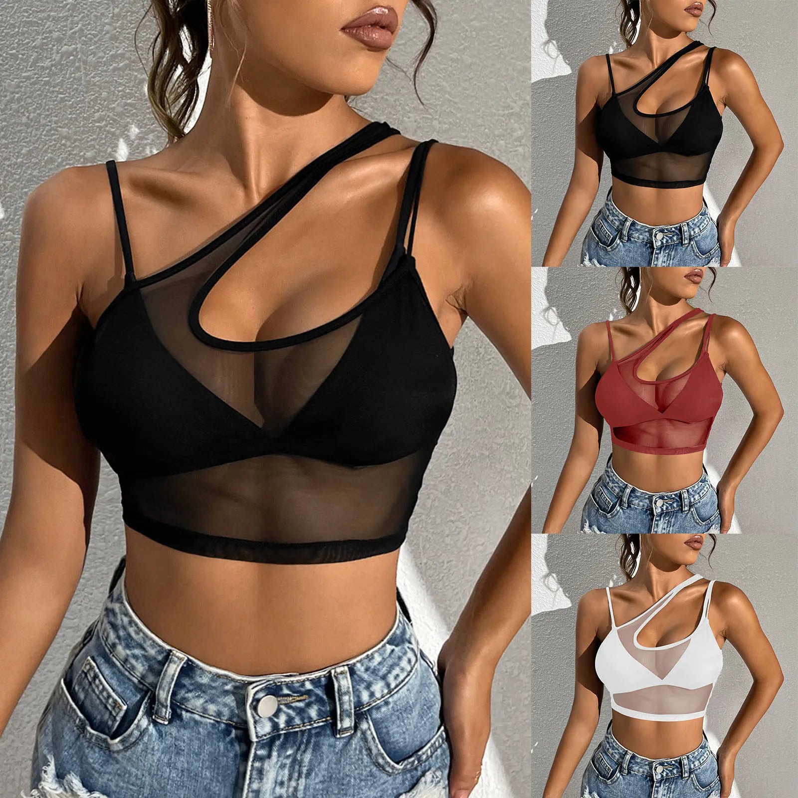 Sexy Women Sheer Mesh Top Spaghetti Strap Hollow Out Sports Tees Slim See-through Transparent Crop Tops  Milanni Fashion   