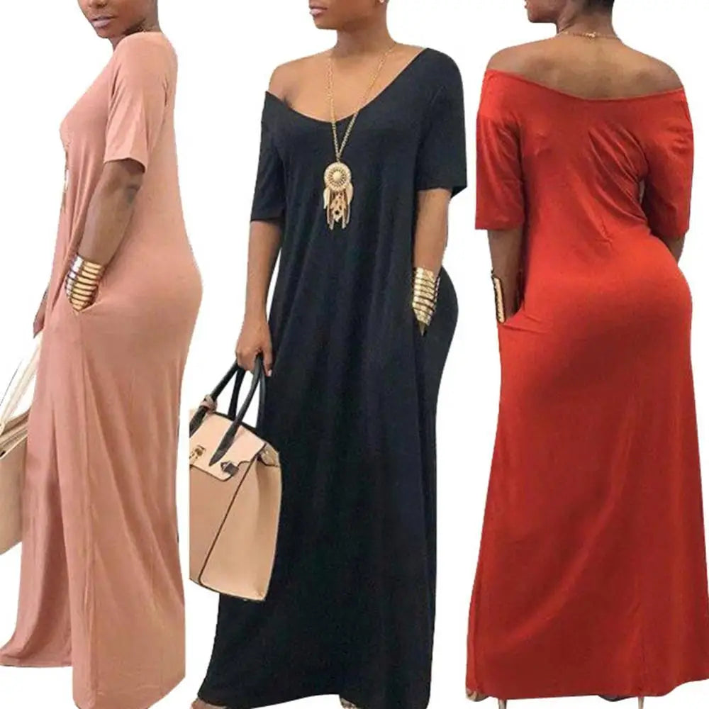 Ladies Fashion Loose Sexy V-Neck Fall Clothes Casual Maxi Solid Color Plus Size Long Dress Maxi Dress Milanni Fashion   