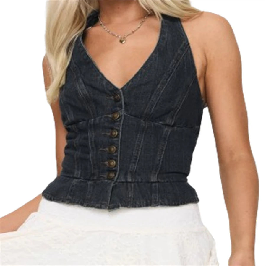 Halter Neck Denim Vest Sleeveless V-Neck Button Up Jean Waistcoat Cropped Tank Top for Women Milanni Fashion Dark Grey XL