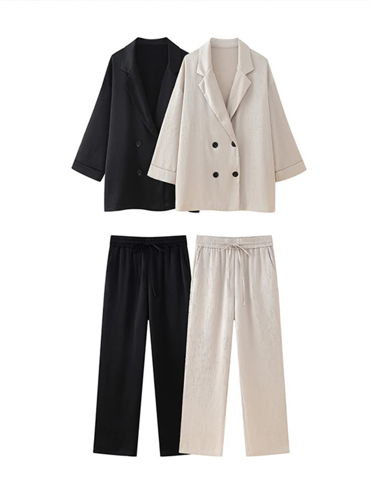 Women's Double-Breasted Suit Set Notched Blazer & Floor-Length Pants Chic Summer Outfit Milanni Fashion