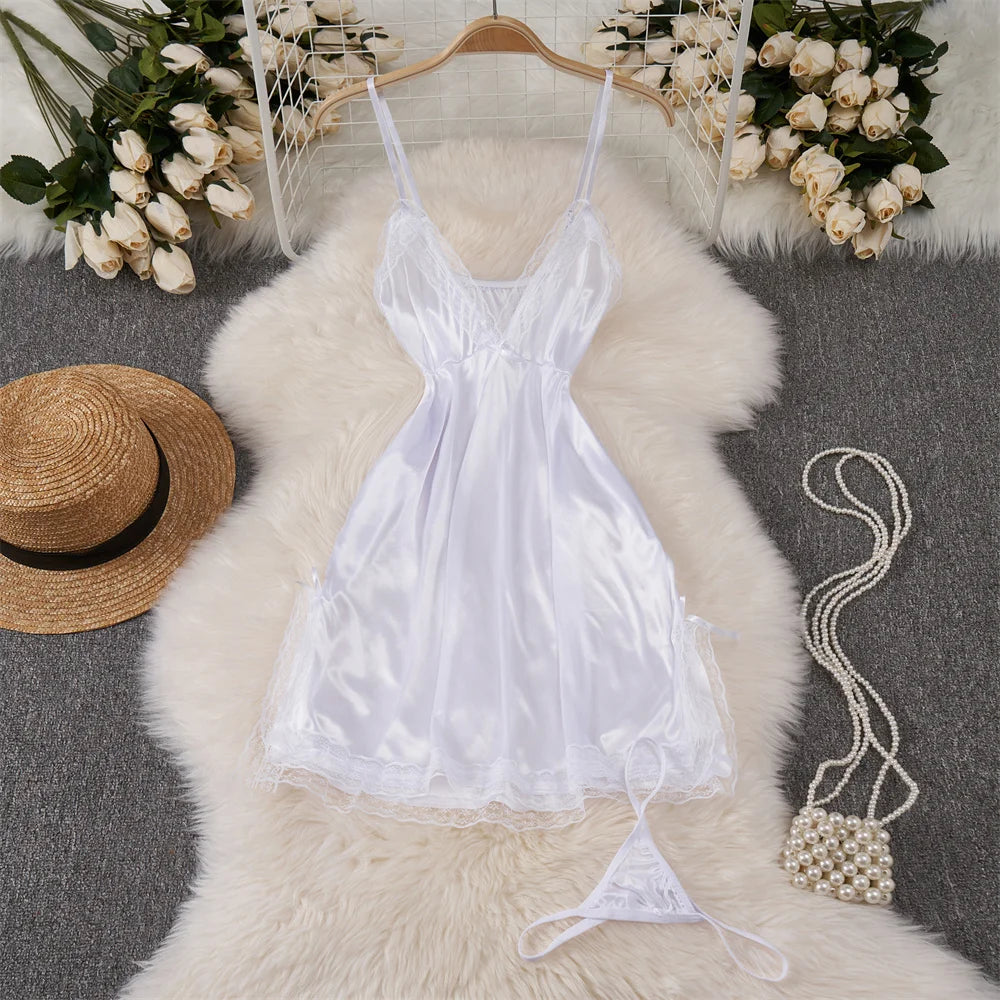 Solid Lace Patchwork Slim Sleeping Dress V-Neck Bow A-Line Casual Dress  Milanni Fashion White M 