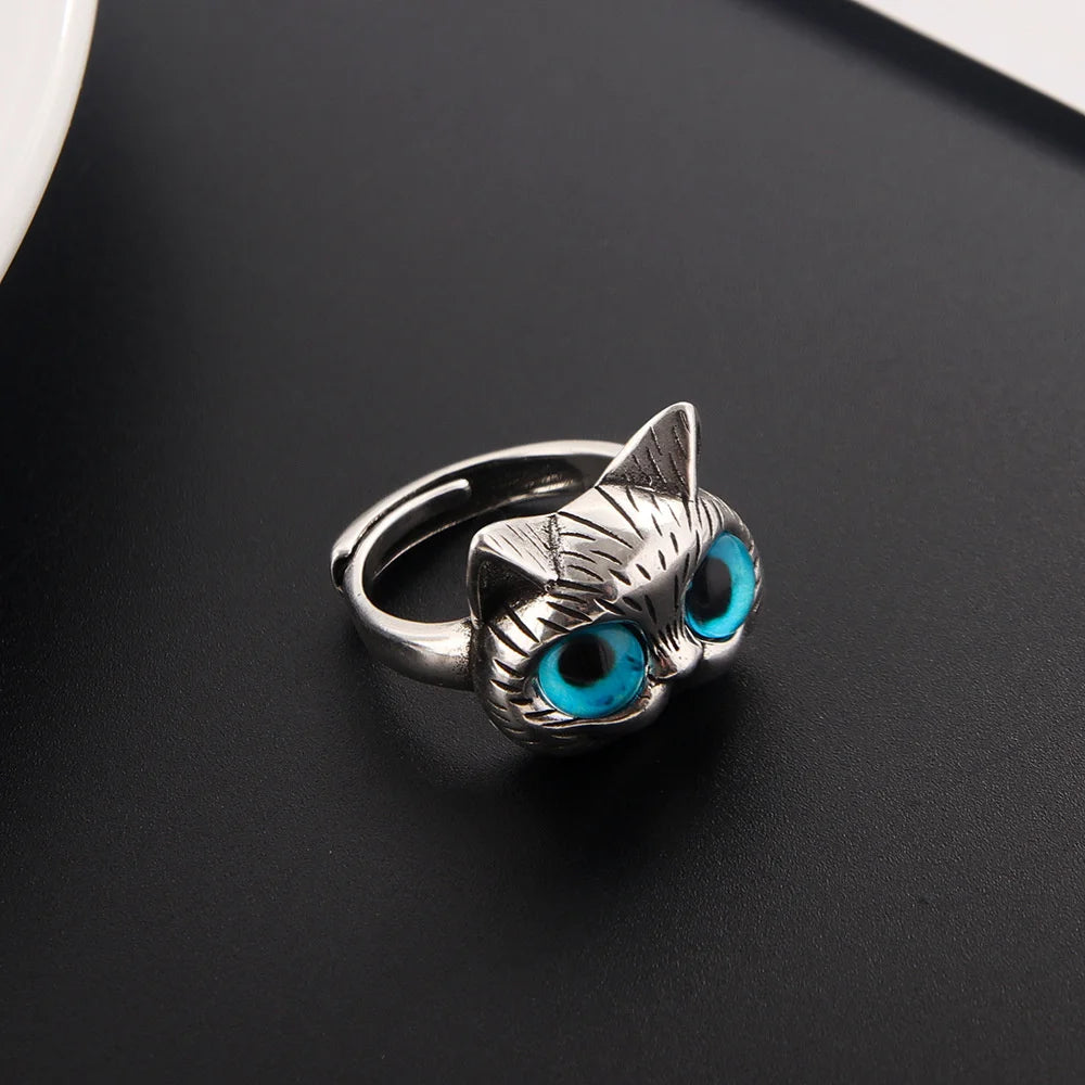 Cute Silver Alloy Cat Ring with Cat Eye Adjustable Opening for Women Trendy Jewelry Gift Milanni Fashion