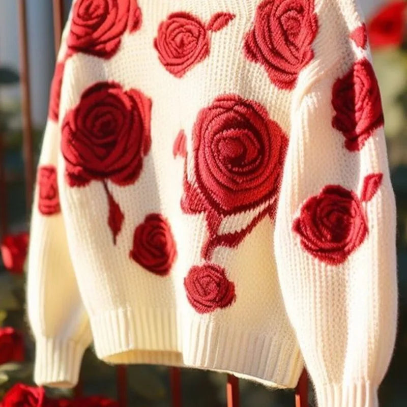 Winter Knitted Red Rose Top Oversized Loose Pullover Sweater for Women Cozy Stylish Fashion Top Milanni Fashion