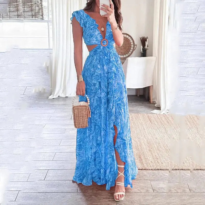 Printed Hot Girl Style Deep V Sexy Waist-exposed Long Pleated Casual Dress Maxi Dress Milanni Fashion blue S 