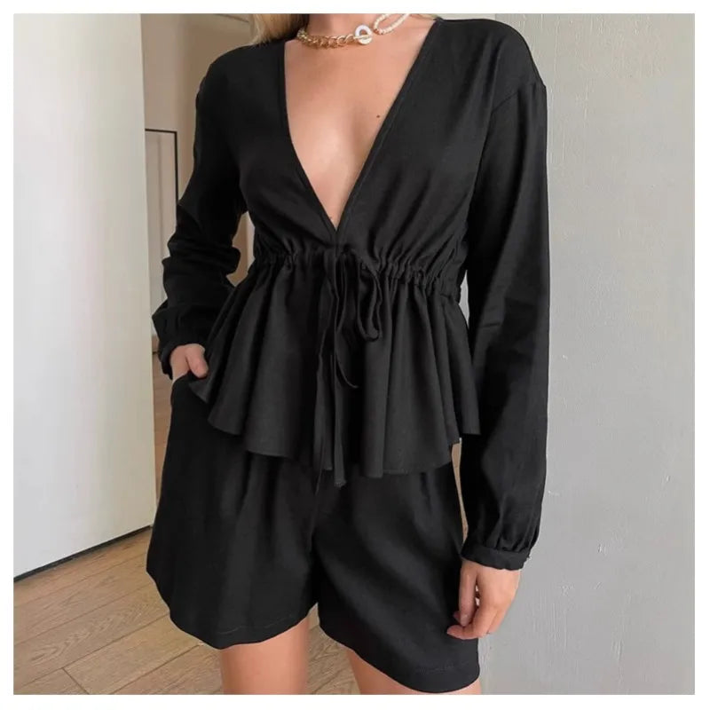 Elegant Black V-Neck Long-Sleeve Top & Shorts for Fashion Women's Spring 2-Piece Set Milanni Fashion