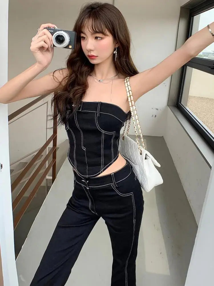 Black Elegant Denim Slim Button Irregular Strapless Vintage Sexy Club Short Top  Milanni Fashion   