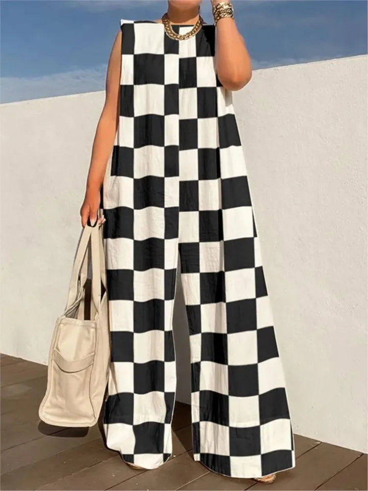 Fashion O-neck Sleeveless Wide-leg Jumpsuit Elegant Plaid Stripe Print Loose Casual Jumpsuit for Women Milanni Fashion