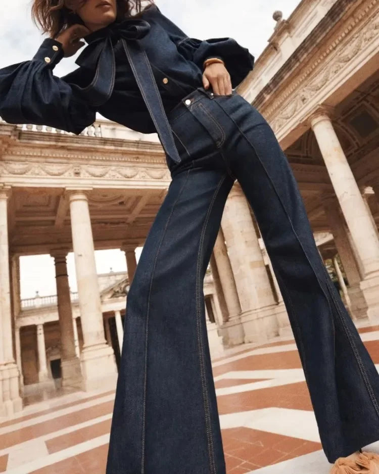 Retro Deep Blue Imitation Denim Jeans for Women High Waisted Floor Length Flared Pants Stylish Trousers Milanni Fashion