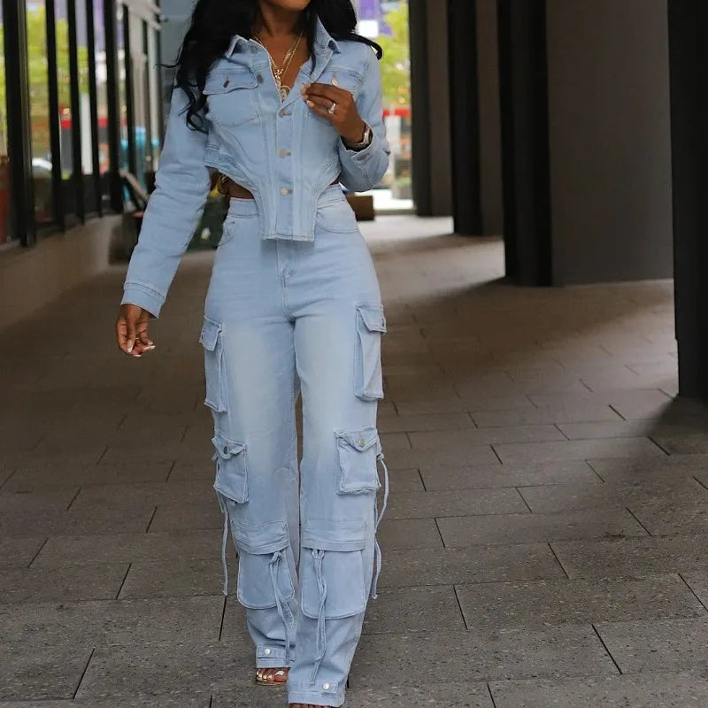 Long Sleeve Single Breasted Irregular Jacket Crop Top And Multi Pockets High Waist Cargo Pants Denim 2 Piece Set  Milanni Fashion Light  Blue S 