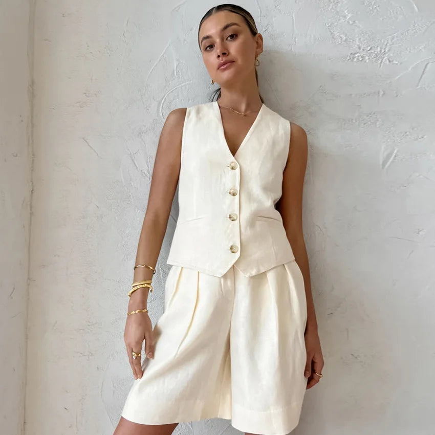 Retro Cotton Linen Tracksuit Women Two Piece Set Chic Button Vest Waistcoat and Shorts Set Stylish Outfit Milanni Fashion