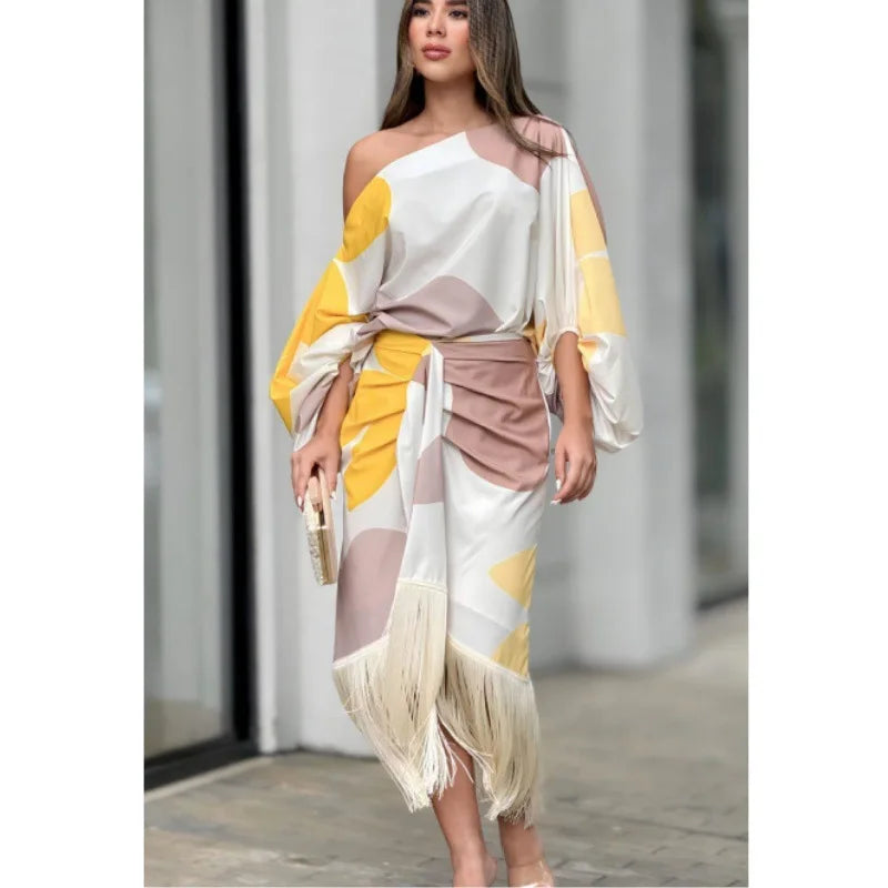 Spring Fashion Women's Two Piece Set Print Lantern Sleeve Top Tassel Hem High Waist Skirt Set Milanni Fashion