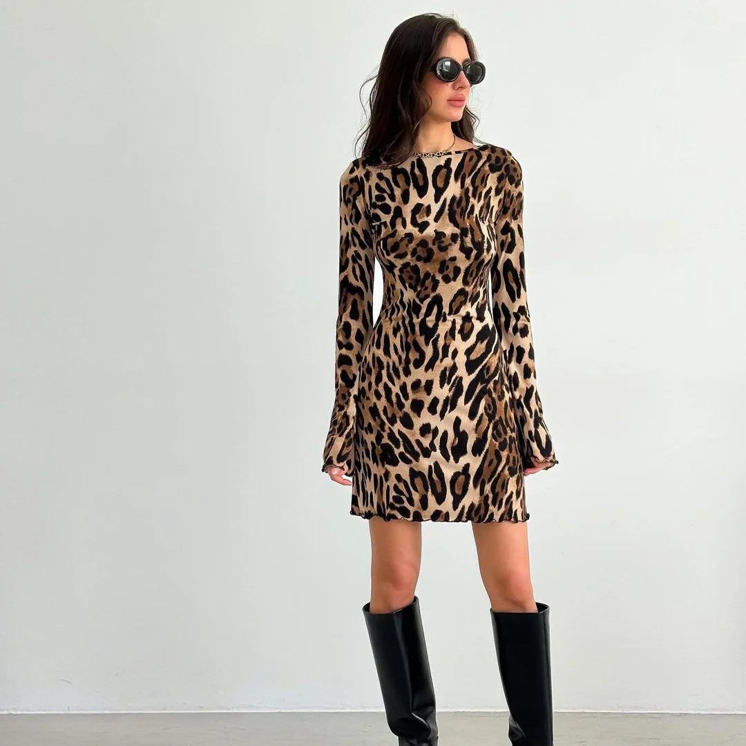 Leopard Print Mesh Long Sleeve Sexy Slim Fit Dress Fashionable and Elegant Women's Wear Milanni Fashion