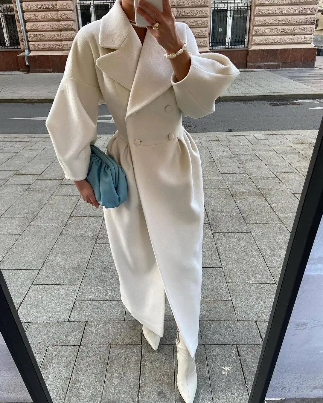 Solid Woolen Blend Overcoat Thick Lapel Double-Breasted Long Sleeve Fashionable Winter Jacket Milanni Fashion White XL