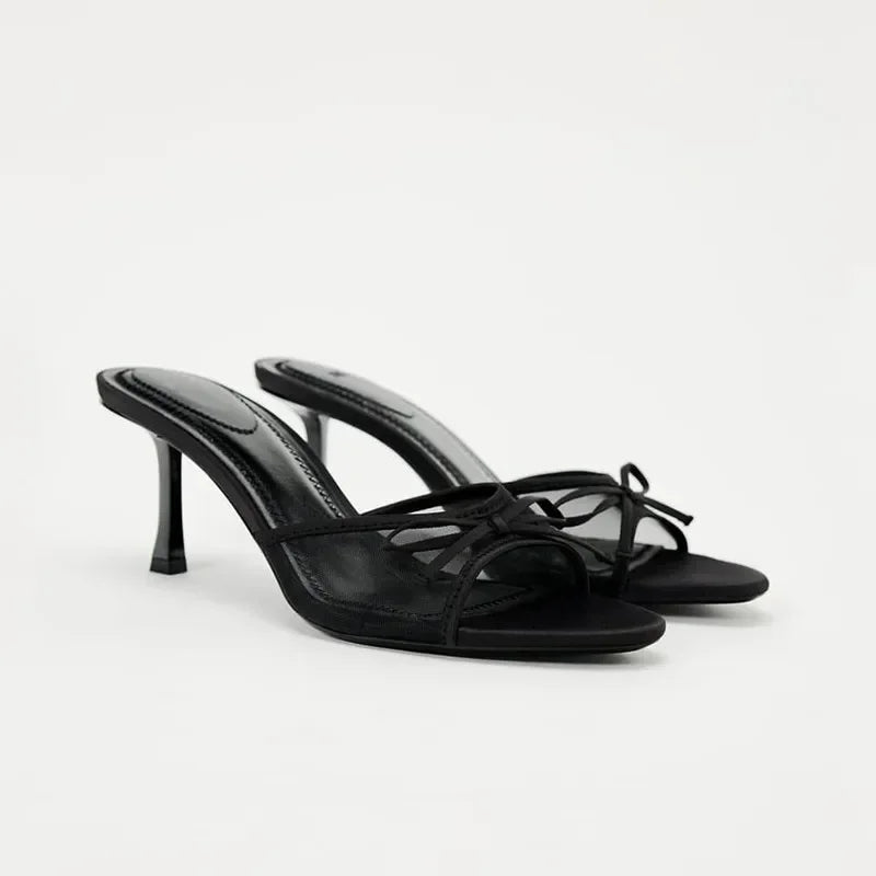 Exquisite Summer Haute Couture Black Cat Heel Clip Toe Beach Sandals Fine Straps French Style Milanni Fashion