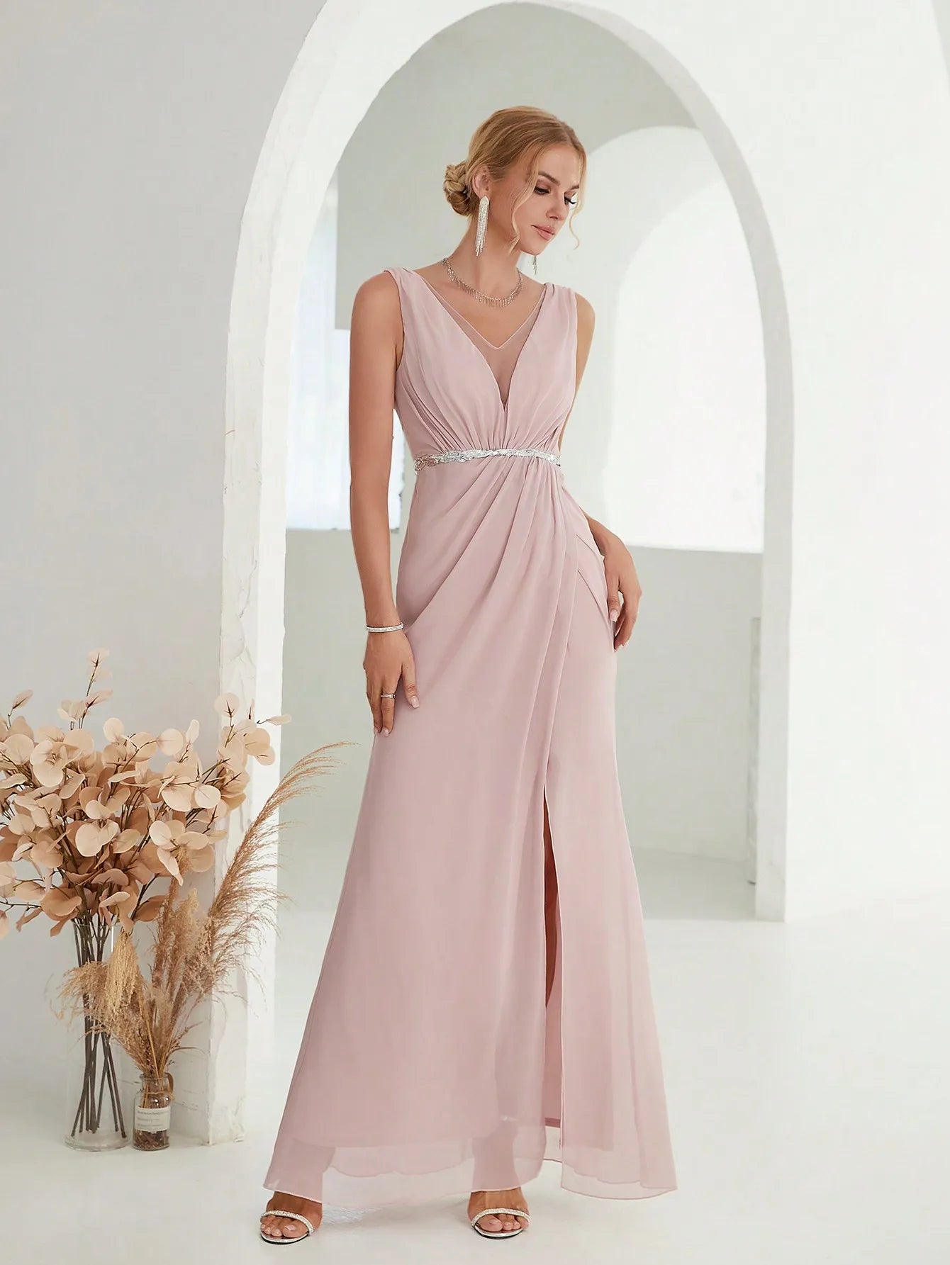 Deep V-neck Silver Sequin Belt Pleated Chiffon Slit Skirt Evening Gown Ball Dress Maxi Dress Milanni Fashion   