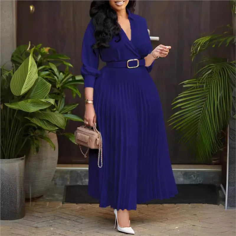 Pleated V-Neck Long Sleeve Belted Midi Dress for Autumn Stylish Elegant Women's Fall Fashion Dress Maxi Dress Milanni Fashion