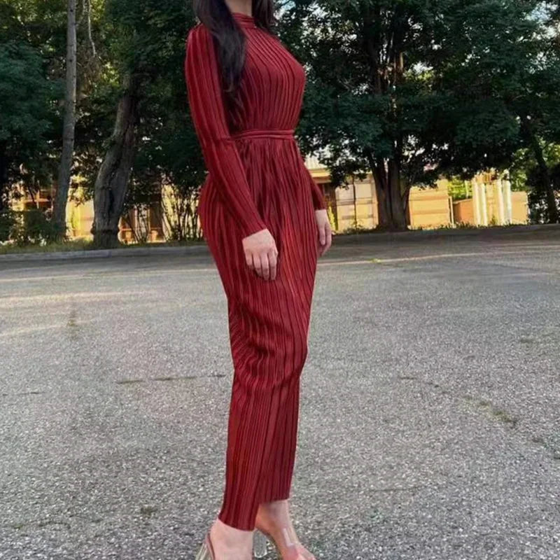 Autumn Semi High Neck Slim Fit Hip Hugging Long Skirt Pleated Long Sleeved Lace Up Dress  Milanni Fashion Burgundy M 