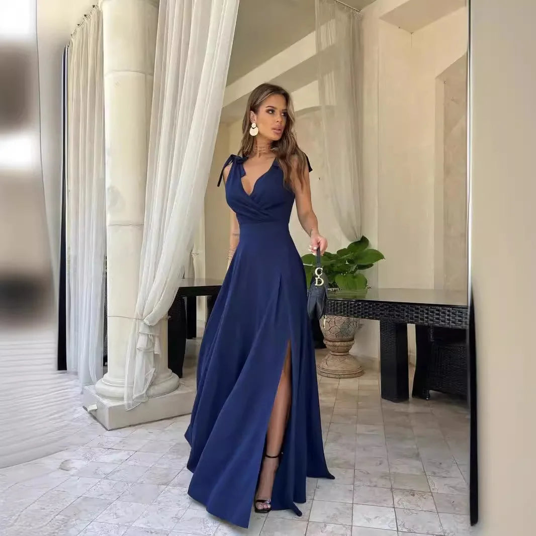 Women Party Maxi Dress Cross V-neck Bowknot Strap X-long Club Female Side Split Elegant Lady Long Dress Maxi Dress Milanni Fashion Navy Blue XXL 158