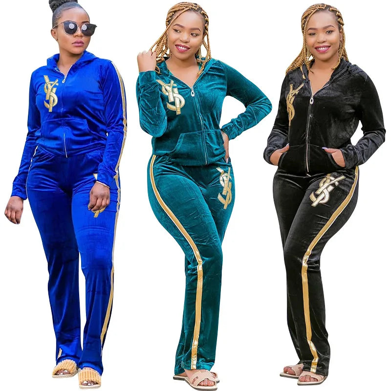 Velvet Embroidered Cardigan Two Piece Set Fashionable Casual Plus-Size Top & Trouser Suit  Milanni Fashion   