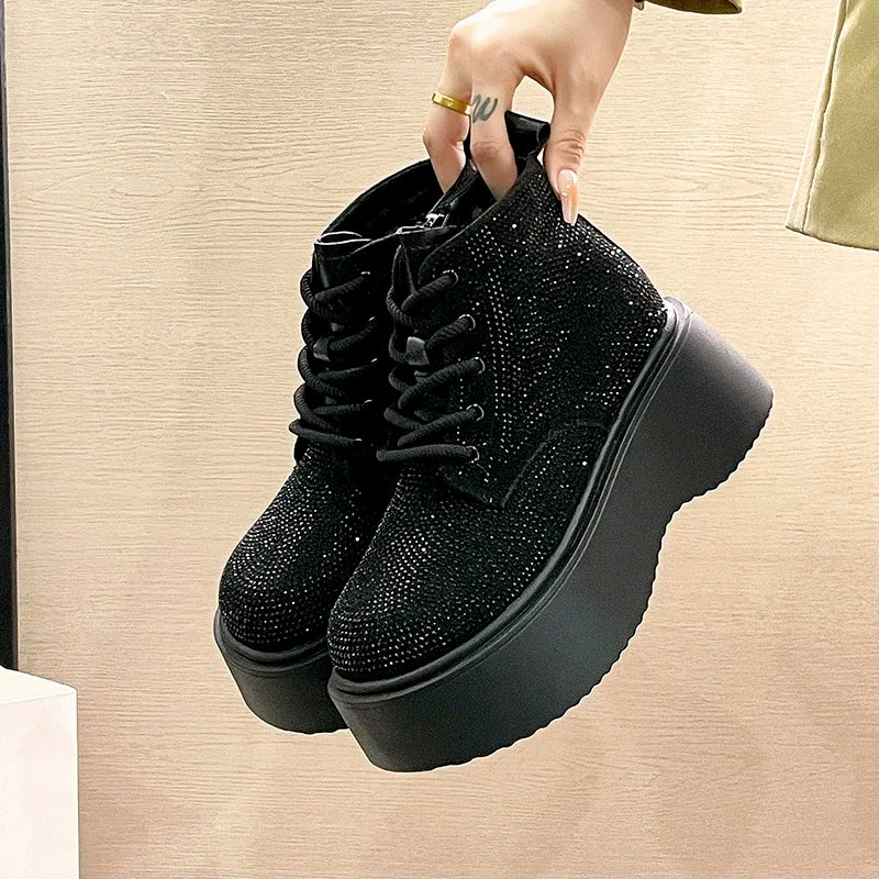 Lace up Casual Sports Shoes Full Diamond Thick Bottom Luxury Women's Boots  Milanni Fashion   