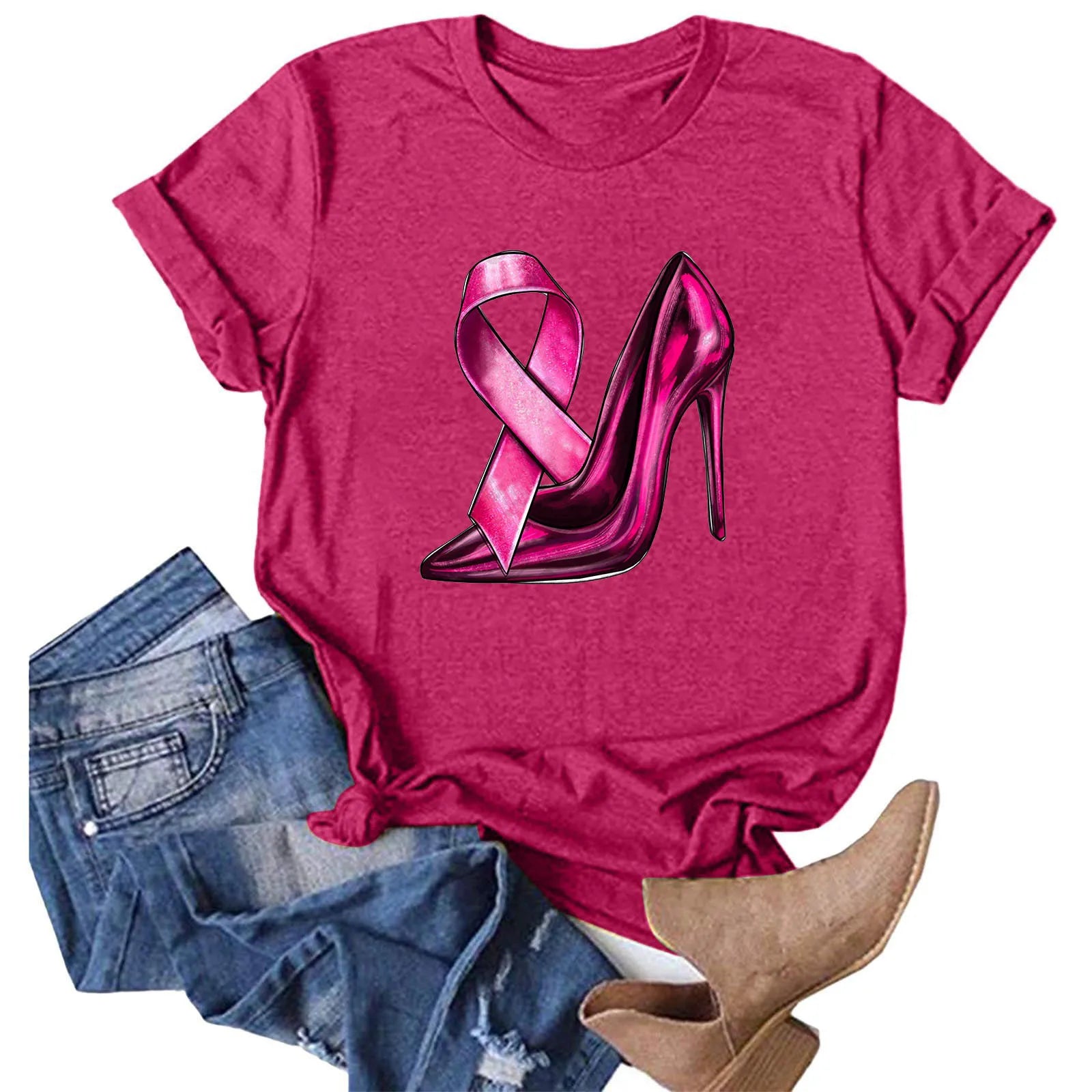 Short Sleeve Breast Cancer Awareness Women’s Tee Pink Ribbon Graphic O-Neck T-Shirt for Support Milanni Fashion