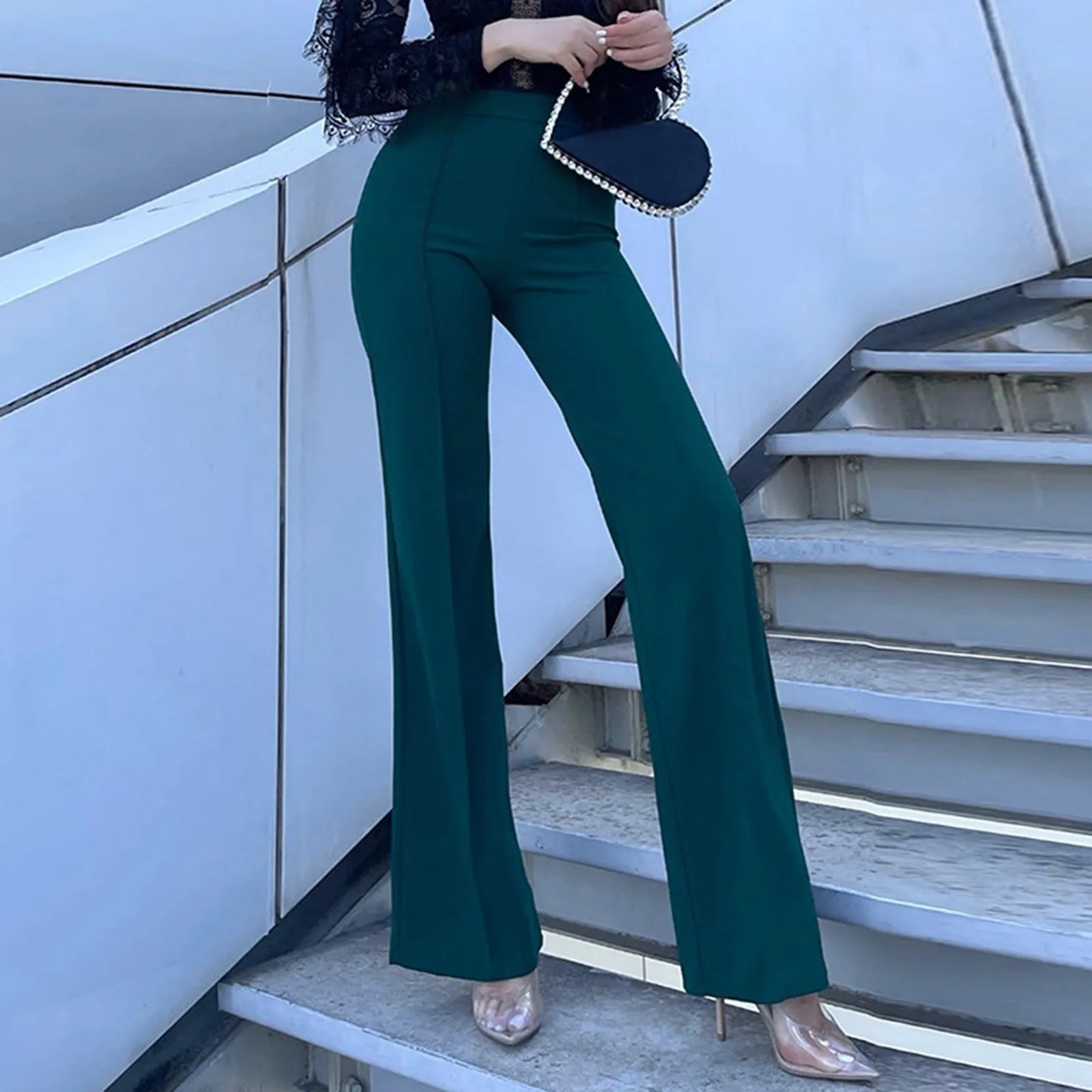 Women's High-Waist White Flare Pants Elegant Slim and Stylish Pant for Office or Daily Wear  Milanni Fashion Green XXL United States