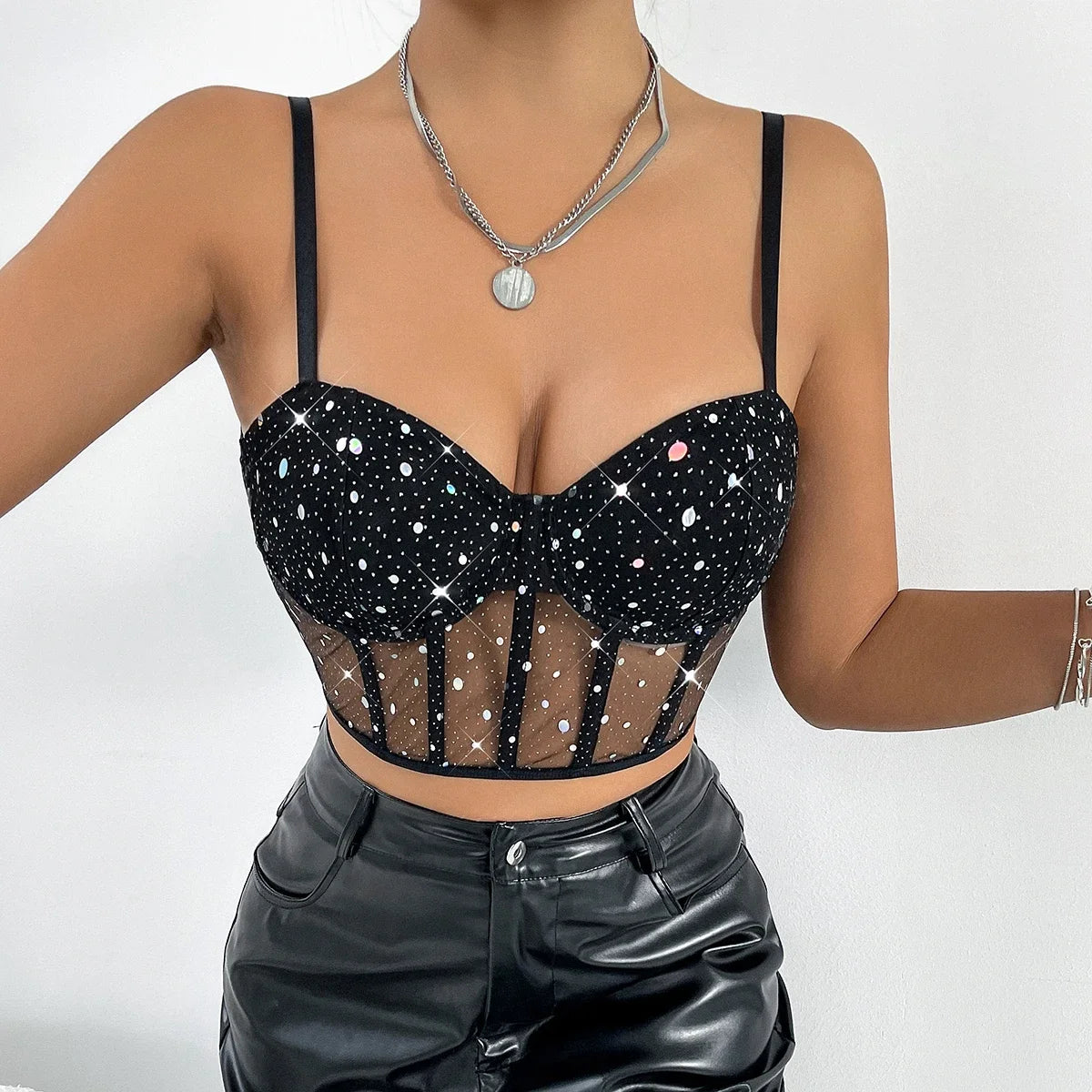 Mesh See Through Backless Sling Crop Top, Nightclub Glitter Sequin Sheer Halter Camisole  Milanni Fashion   