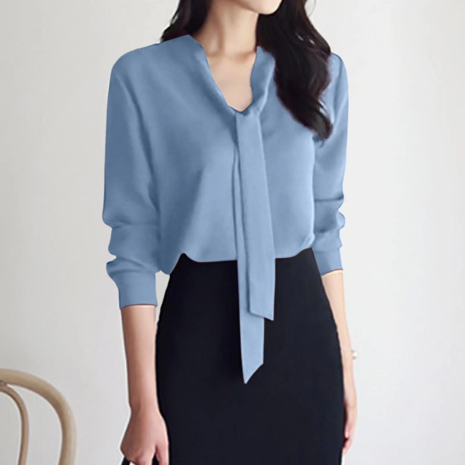 Chiffon Blouse For Women Solid Color Bow Ribbon Shirt Long Sleeve Soft Pullover  Milanni Fashion Blue M CHINA