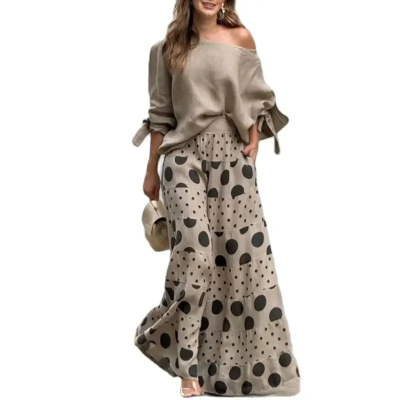 Solid Color Nine-quarter Sleeve Slant Collar T-Shirt Women Two Piece Set Dot Prints Multi-layer Splice Cake Skirt Suit Milanni Fashion