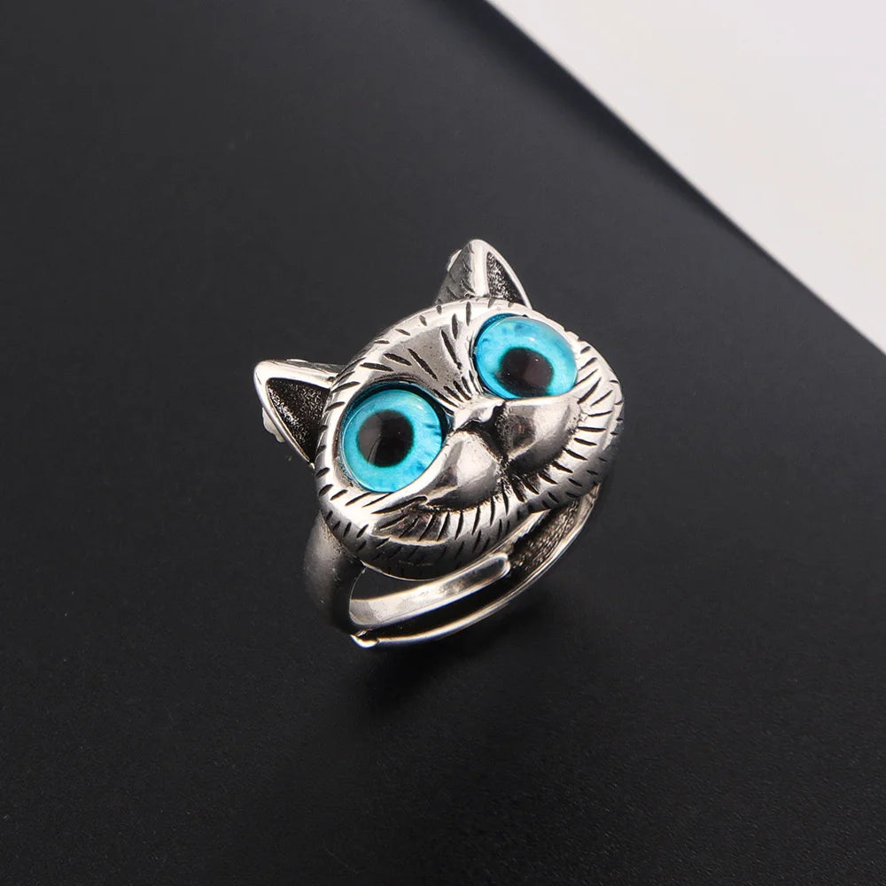 Cute Silver Alloy Cat Ring with Cat Eye Adjustable Opening for Women Trendy Jewelry Gift Milanni Fashion