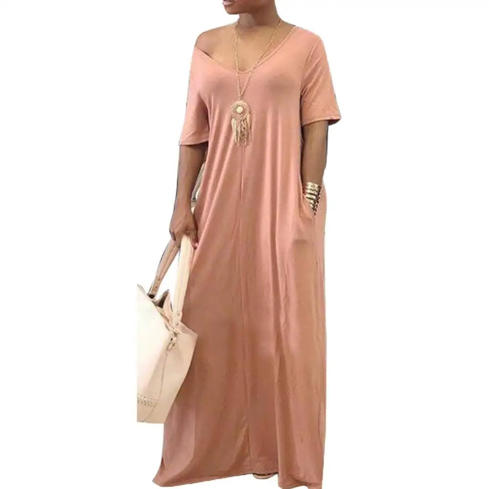 Ladies Fashion Loose Sexy V-Neck Fall Clothes Casual Maxi Solid Color Plus Size Long Dress Maxi Dress Milanni Fashion   