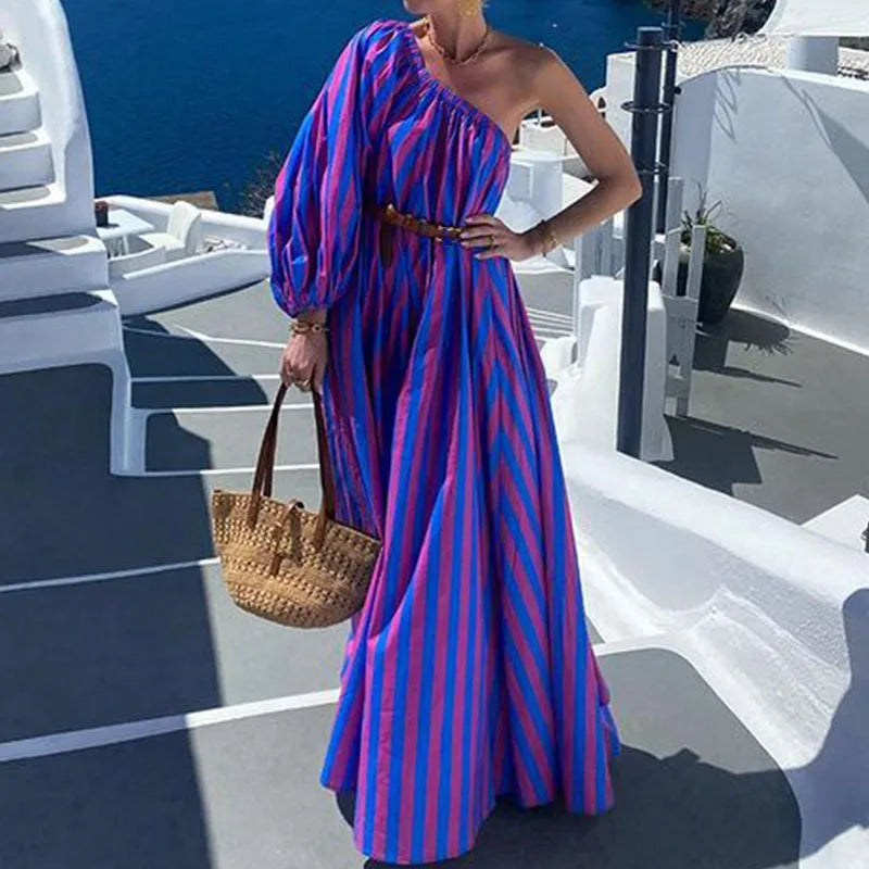 High Waist Draped Party Dress Fashion Striped Holiday Vintage Dress Maxi Dress Milanni Fashion 01 Purple S 