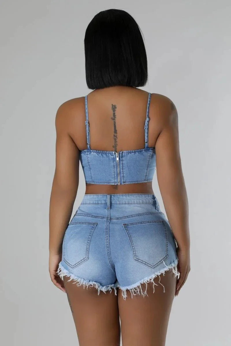 Strapless Pearl Beaded Denim Set Sexy Two Piece Jean Outfit with Top & Shorts for Women Milanni Fashion