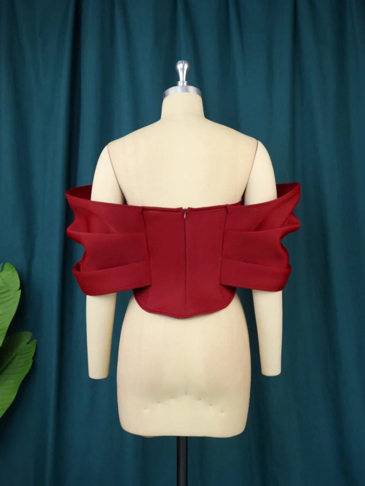 Plus-Size Strapless Off-Shoulder Crop Top Red Ruffle Bowtie Blouse for Curvy Women Milanni Fashion