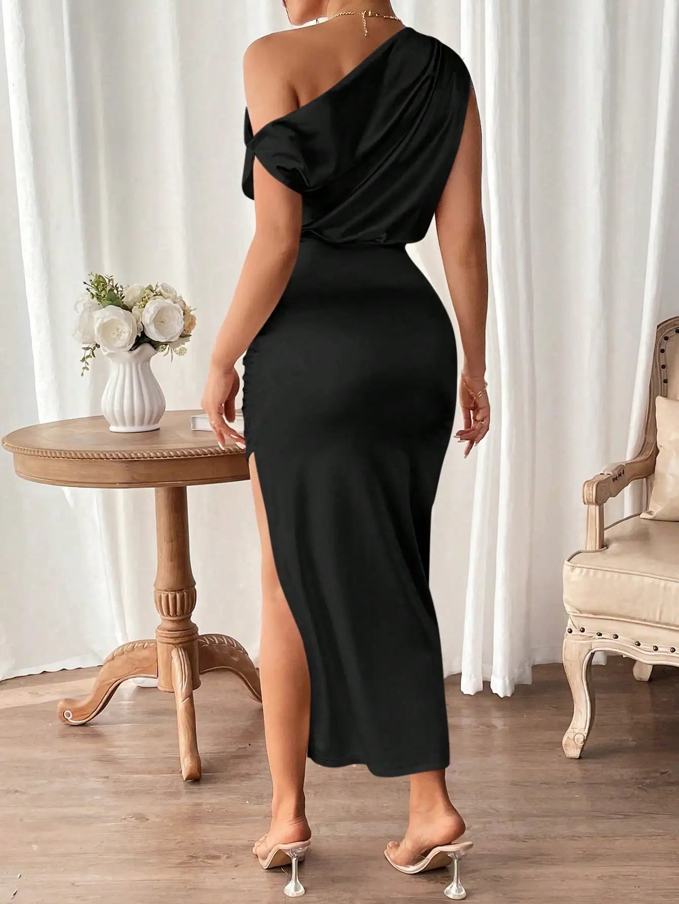 Slim Fit Sleeveless Oblique Shoulder Collar Elegant Style Dress Maxi Dress Milanni Fashion   