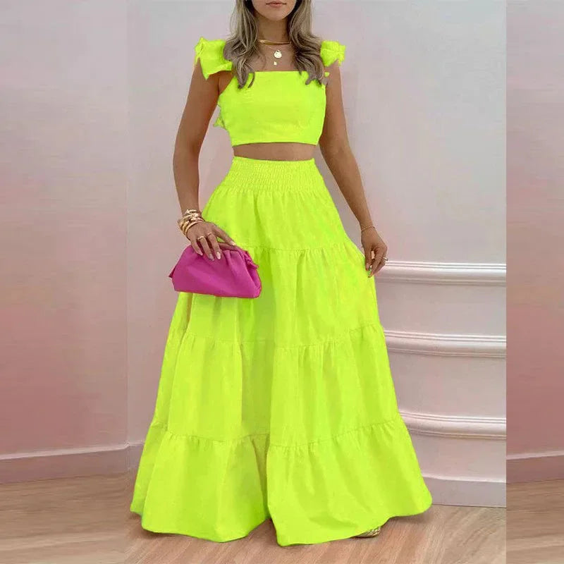 Solid Beach Bohemian Strapless Crop Top and Ruffles Long Skirt Outfit Two Piece Set Chic and Stylish for Summer Vibes Milanni Fashion