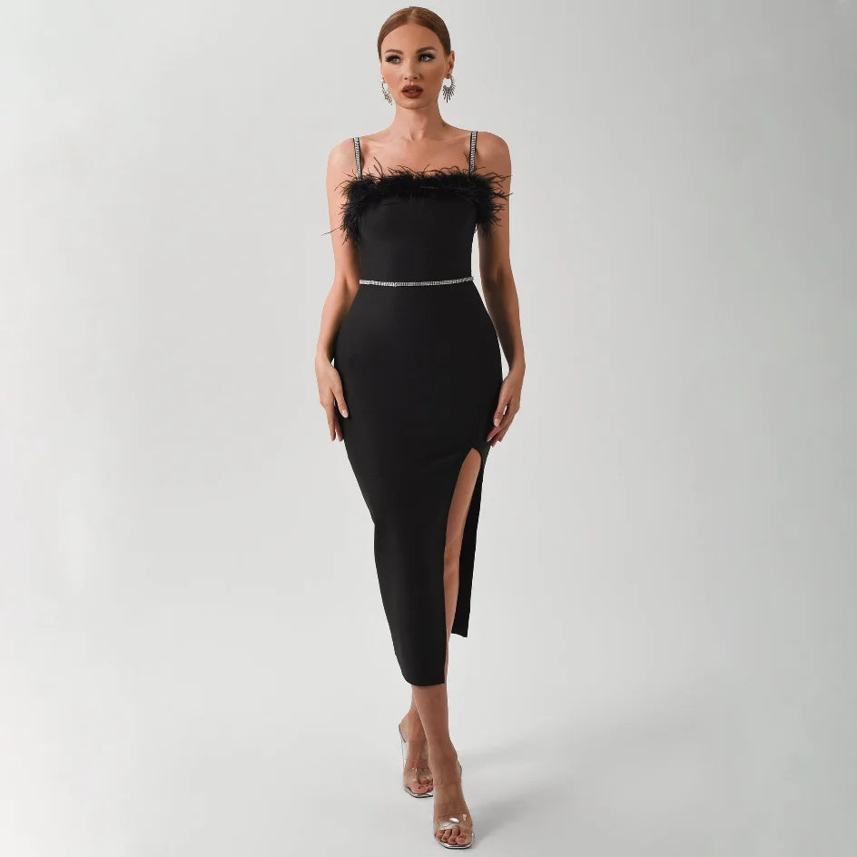 Sexy Summer Bandage Dress Women Feather Elegant Evening Cocktail Party Club Bodycon Midi Dress Midi Dress Milanni Fashion   